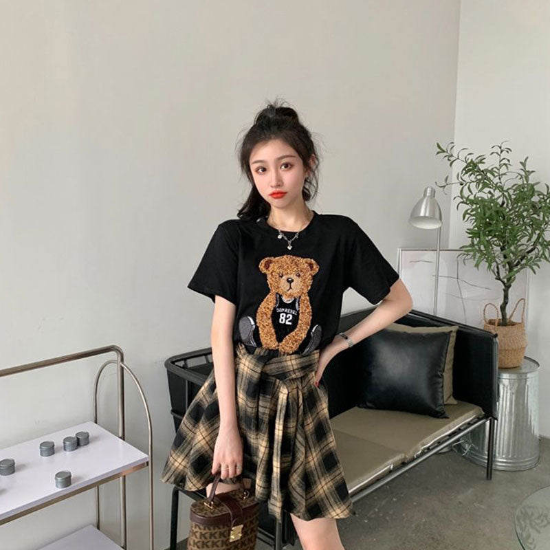 クマプリント半袖Tシャツ＆チェック柄不規則スカートセットアップ