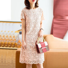 画像をギャラリービューアに読み込む, レース透かし彫り半袖Hラインカジュアルワンピース優雅コーデエレガント二次会
