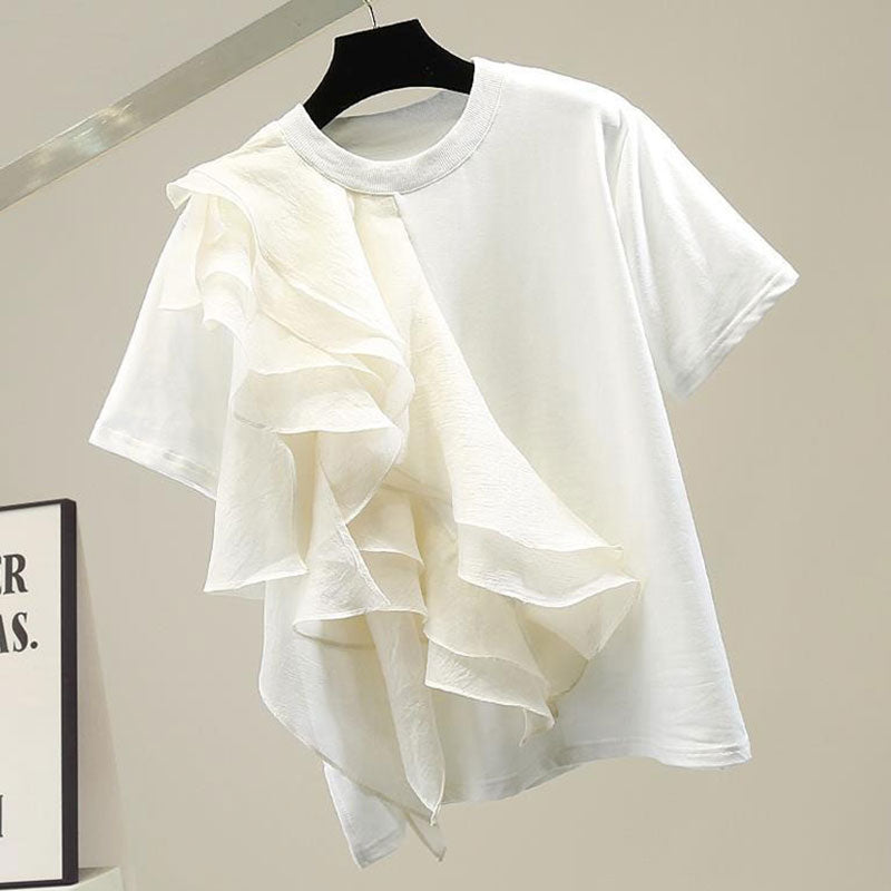 メッシュ花柄フリル裾半袖無地Tシャツトップス2colors