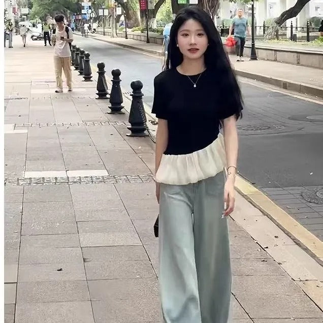 フレア裾切替半袖Tシャツトップス