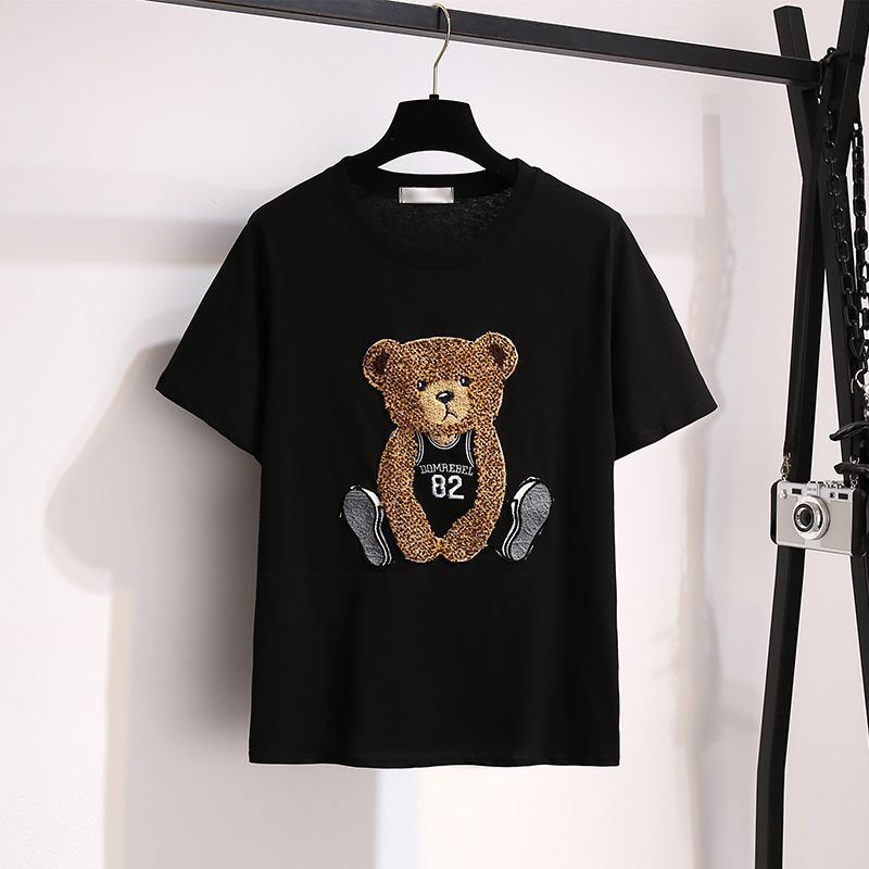 クマプリント半袖Tシャツ＆チェック柄不規則スカートセットアップ