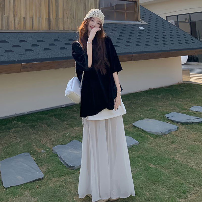 無地半袖黒トップスTシャツ＆メッシュ切替ロングスカートセットアップ