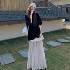 無地半袖黒トップスTシャツ＆メッシュ切替ロングスカートセットアップ