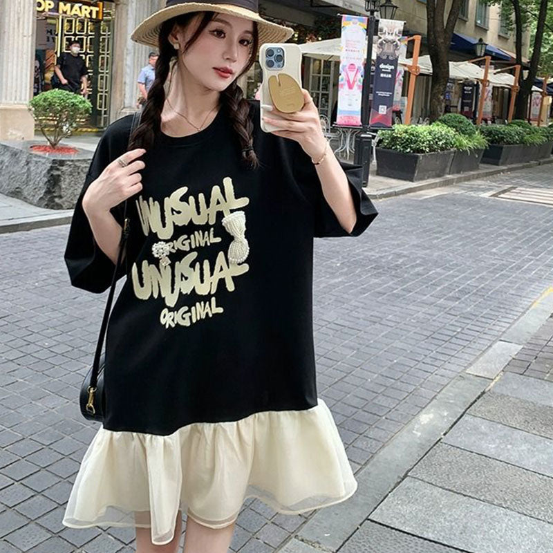 フレア裾アルファペットプリント半袖Tシャツワンピースカジュアルワンピース