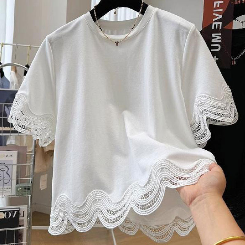 レース花柄切替透かし彫り半袖Tシャツトップス