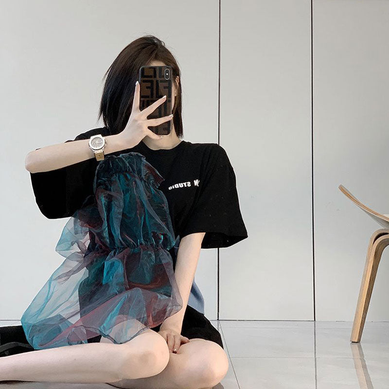 メッシュ切替ブラックTシャツトップス