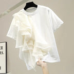 メッシュ花柄フリル裾半袖無地Tシャツトップス2colors