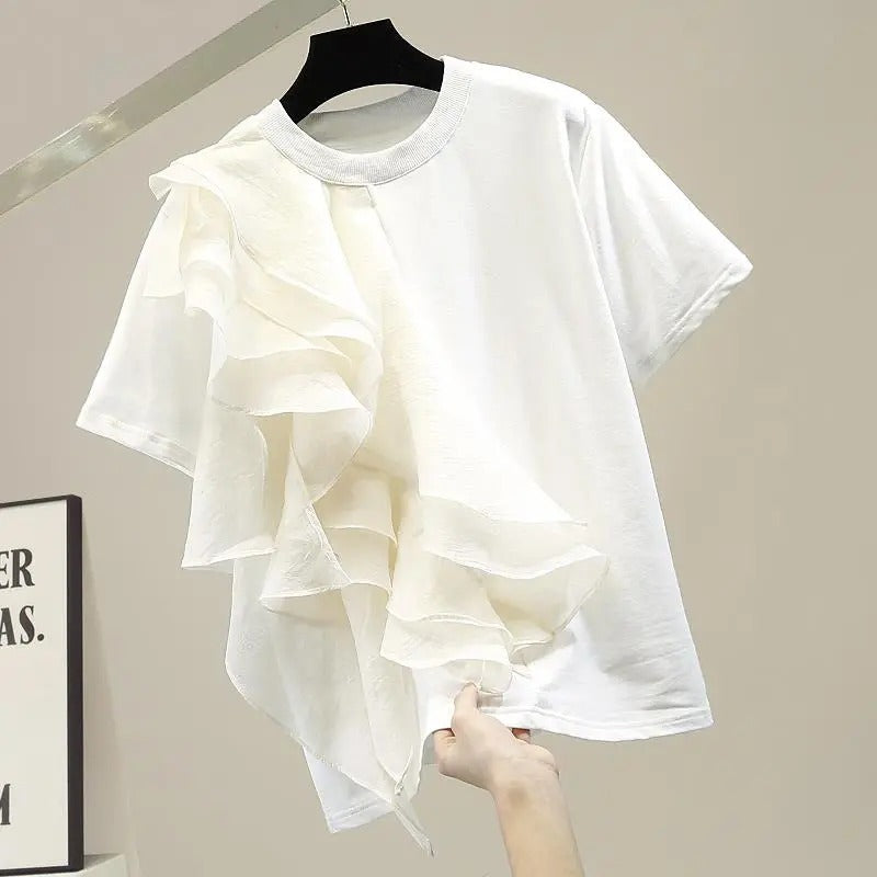 メッシュ花柄フリル裾半袖無地Tシャツトップス2colors