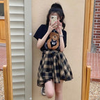 クマプリント半袖Tシャツ＆チェック柄不規則スカートセットアップ