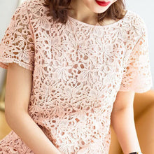 画像をギャラリービューアに読み込む, レース透かし彫り半袖Hラインカジュアルワンピース優雅コーデエレガント二次会
