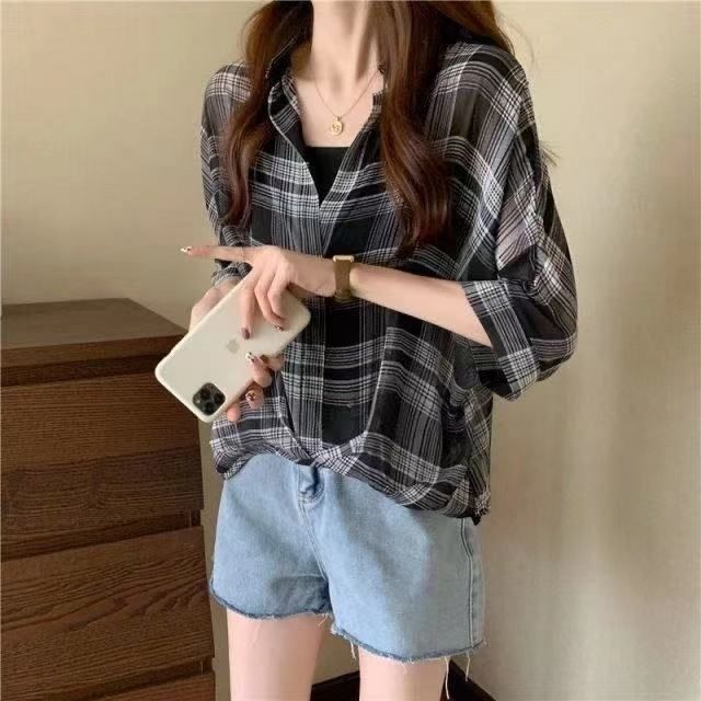 チェック柄プリント柄シャツブラウス+黒キャミソールセットアップトップス