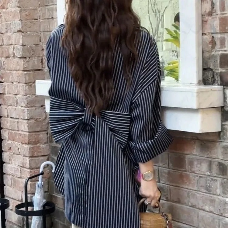 バックリボンストライプ柄シャツカジュアルトップス