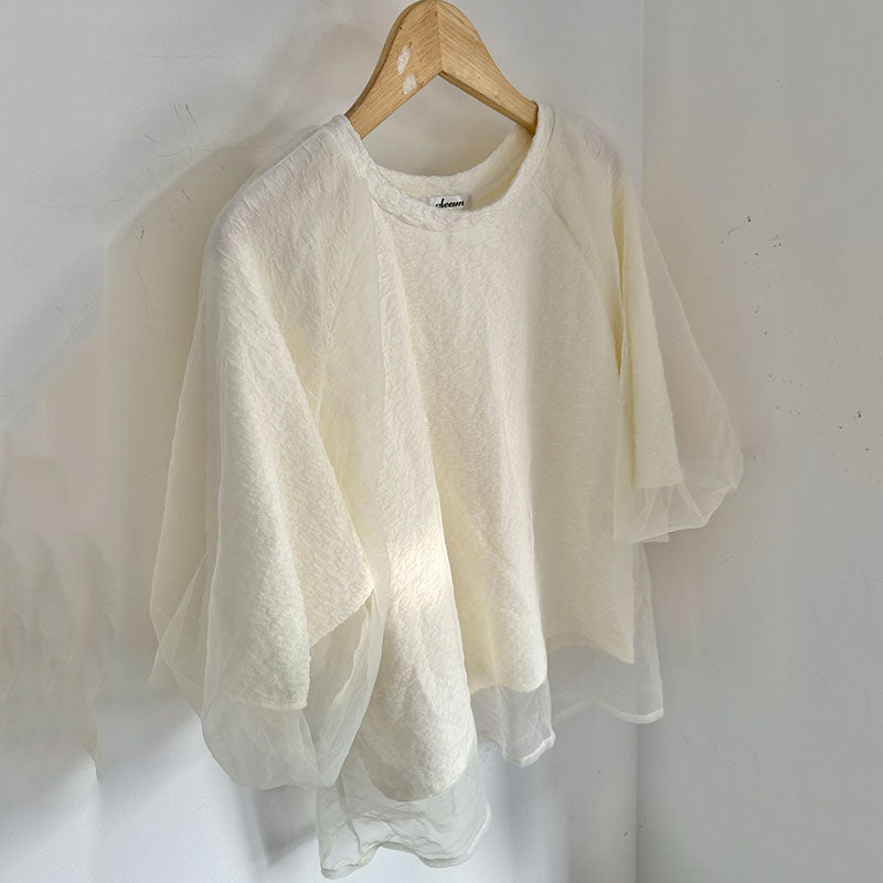 パフスリーブ半袖メッシュ切替Tシャツトップス