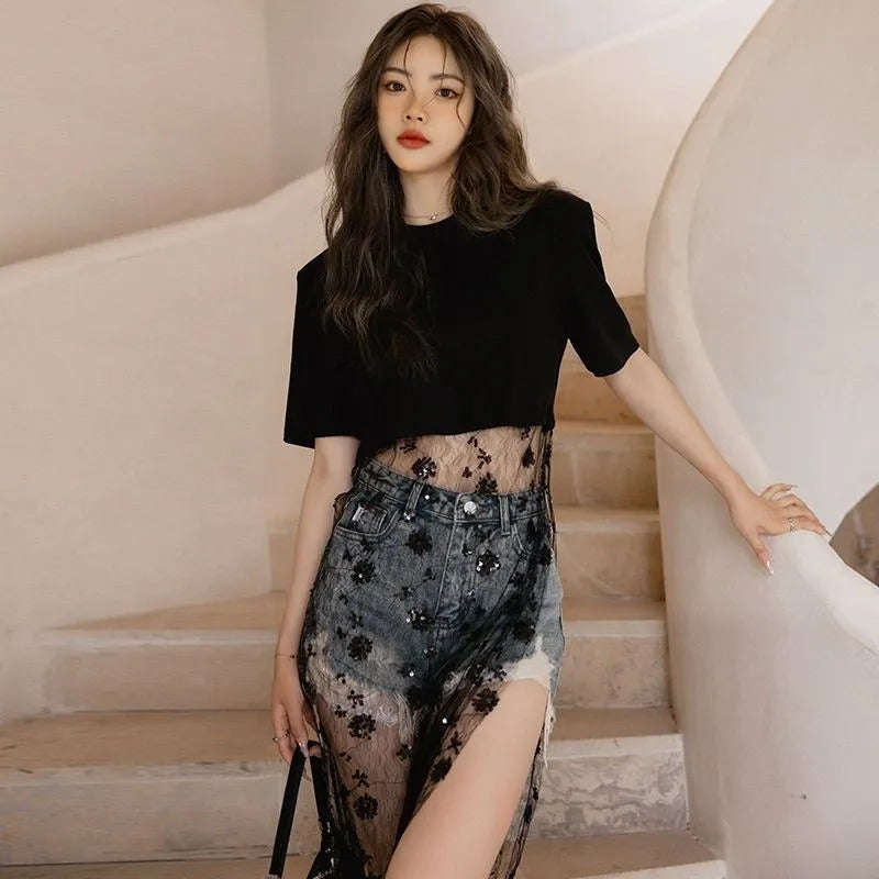 メッシュ花柄切替Tシャツワンピース透かし彫り