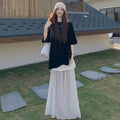 無地半袖黒トップスTシャツ＆メッシュ切替ロングスカートセットアップ