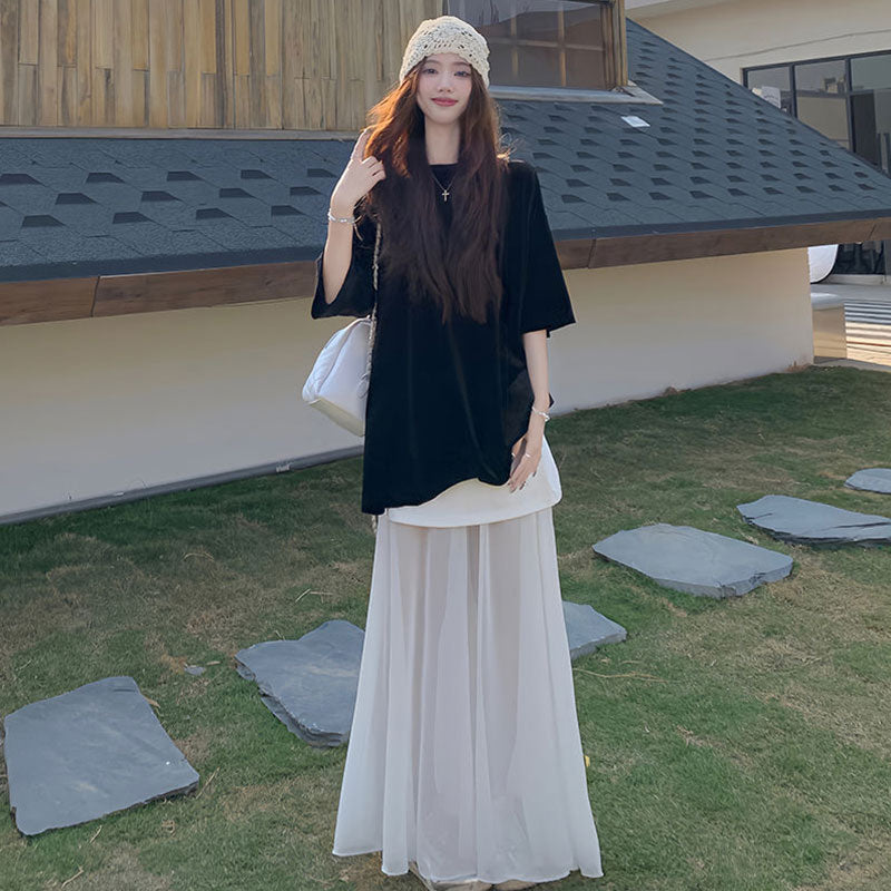 無地半袖黒トップスTシャツ＆メッシュ切替ロングスカートセットアップ