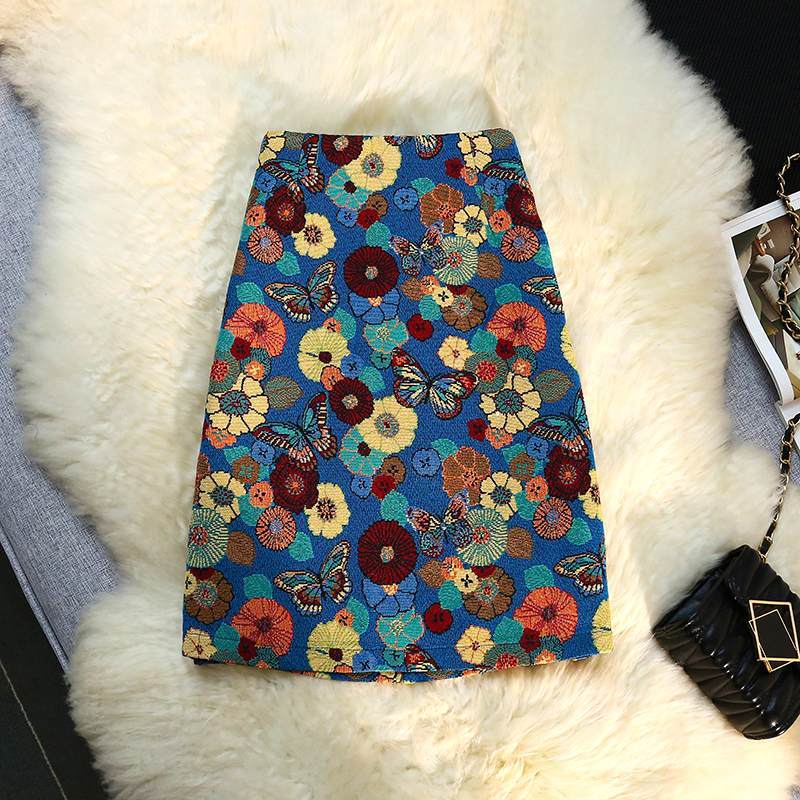刺繍花柄蝶プリントスリットスカートボトムス