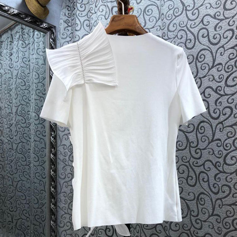 フレア裾ギャザーデザイン無地半袖Tシャツトップス