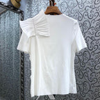 フレア裾ギャザーデザイン無地半袖Tシャツトップス