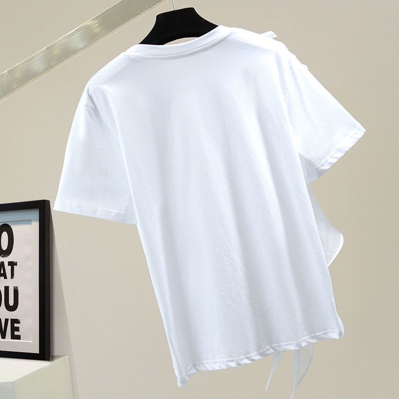 メッシュ花柄フリル裾半袖無地Tシャツトップス