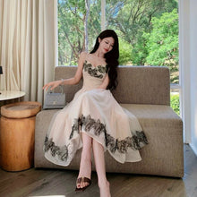 画像をギャラリービューアに読み込む, レディース ノースリーブワンピース レース刺繍 ハイウエスト エレガント パーティードレス お呼ばれ
