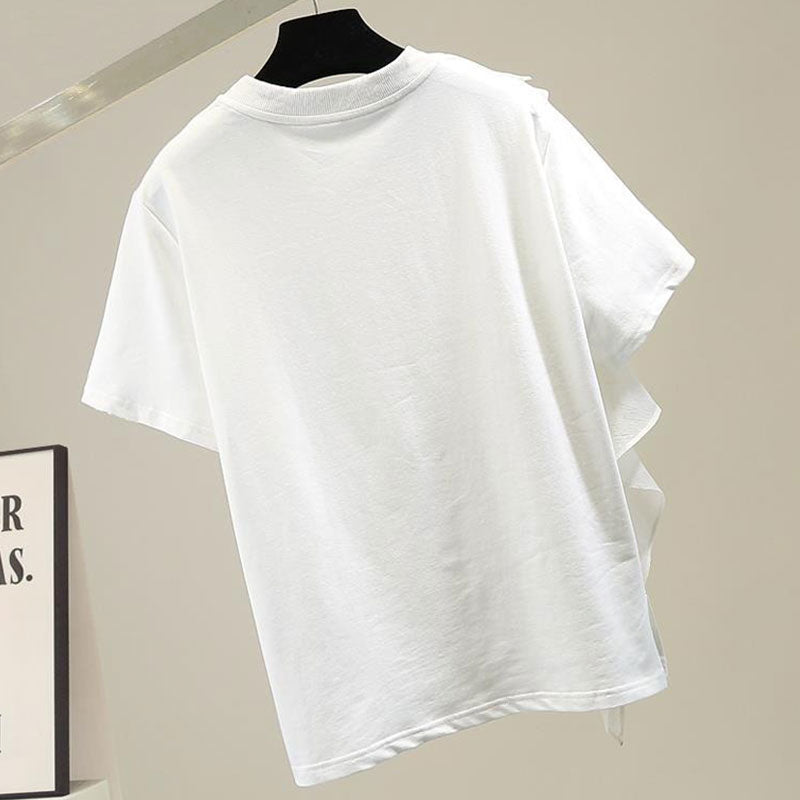 メッシュ花柄フリル裾半袖無地Tシャツトップス2colors