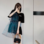 メッシュ切替ブラックTシャツトップス