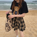 クマプリント半袖Tシャツ＆チェック柄不規則スカートセットアップ