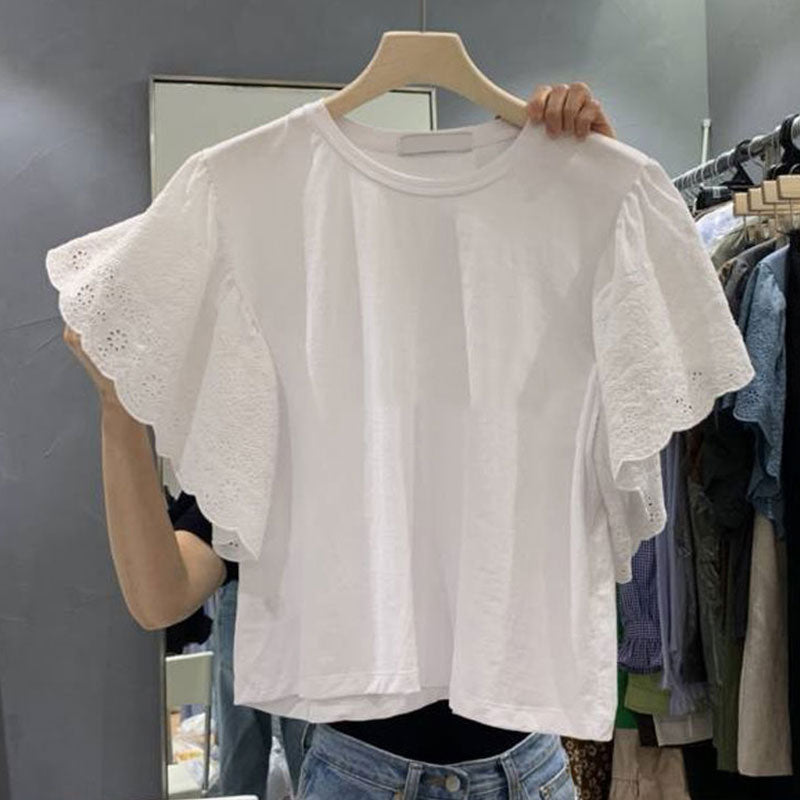 レース花柄透かし彫り切替Tシャツトップス