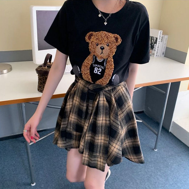 クマプリント半袖Tシャツ＆チェック柄不規則スカートセットアップ