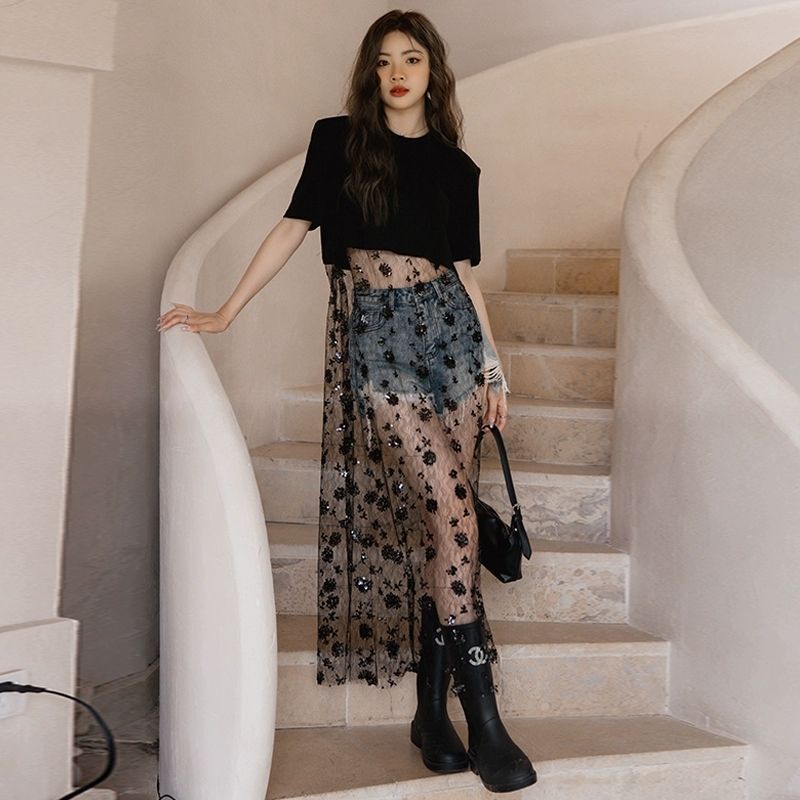 メッシュ花柄切替Tシャツワンピース透かし彫り