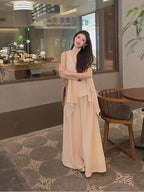ネクタイノースリーブトップス × ワイドパンツ セットアップ韓国風 ゆったり 体型カバー