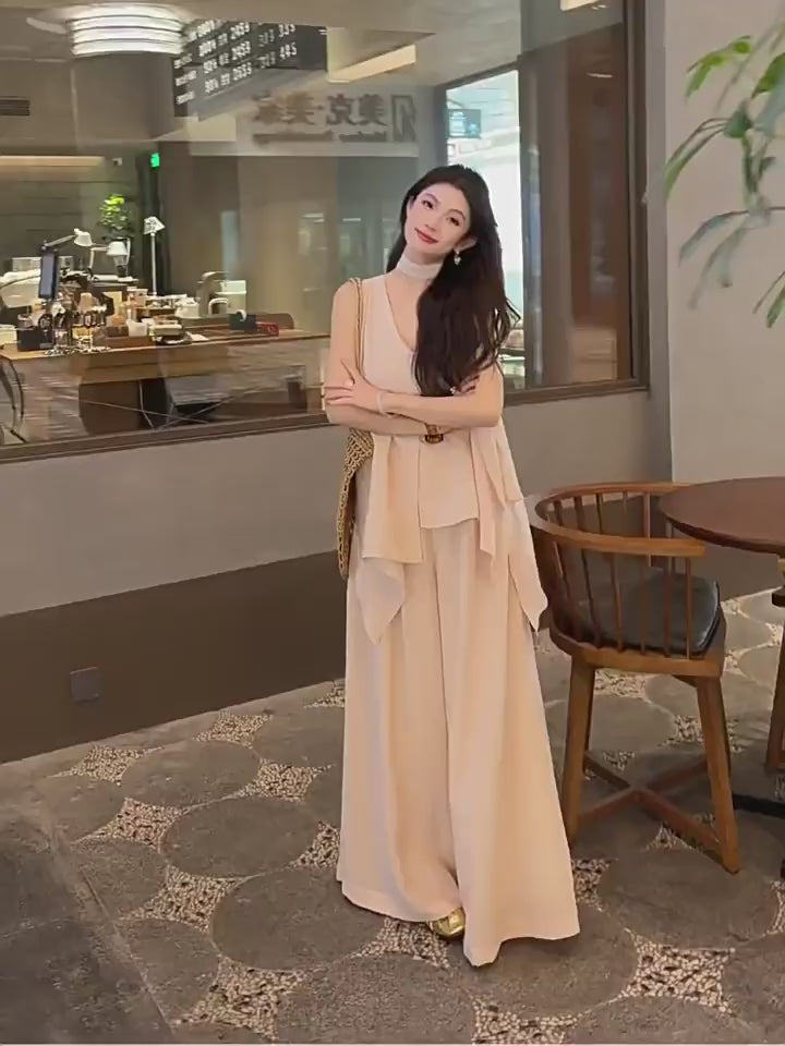 ネクタイノースリーブトップス × ワイドパンツ セットアップ韓国風 ゆったり 体型カバー