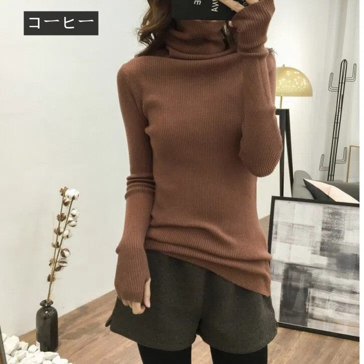 【お得】6色ハイネック長袖指穴ありデザインニットトップスストレッチ