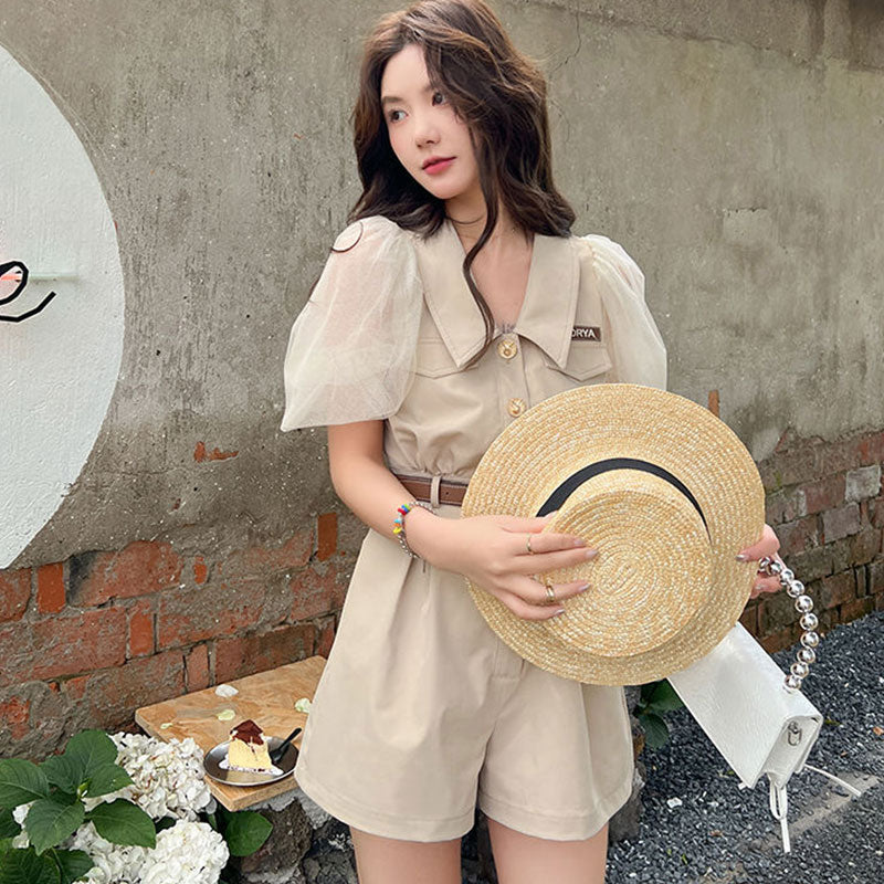 シースルー袖ショートパンツオールインワン