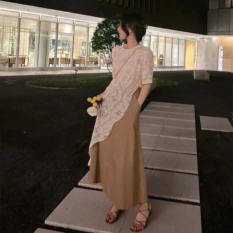 レース花柄透かし彫り不規則ロングTシャツトップス
