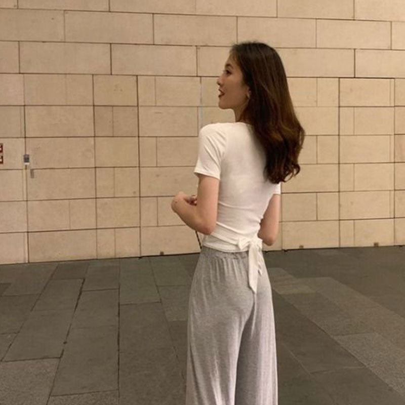 【お得】カシュクールデザイン無地半袖Tシャツウエストリボントップス