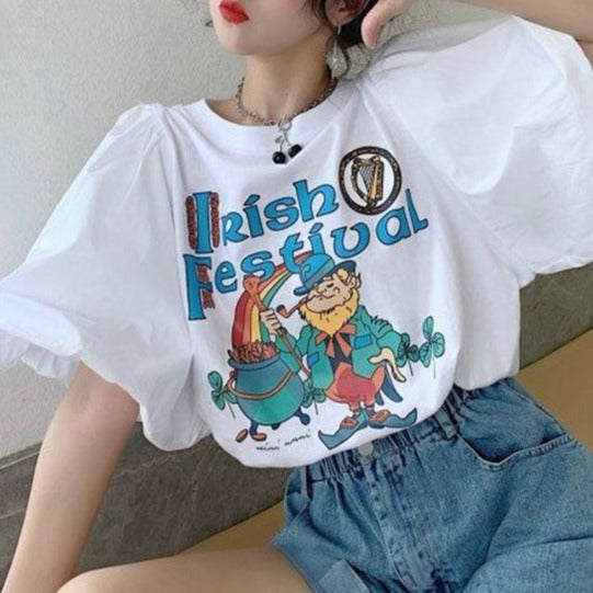 【お得】アニメプリントパフスリーブ半袖Ｔシャツトップス