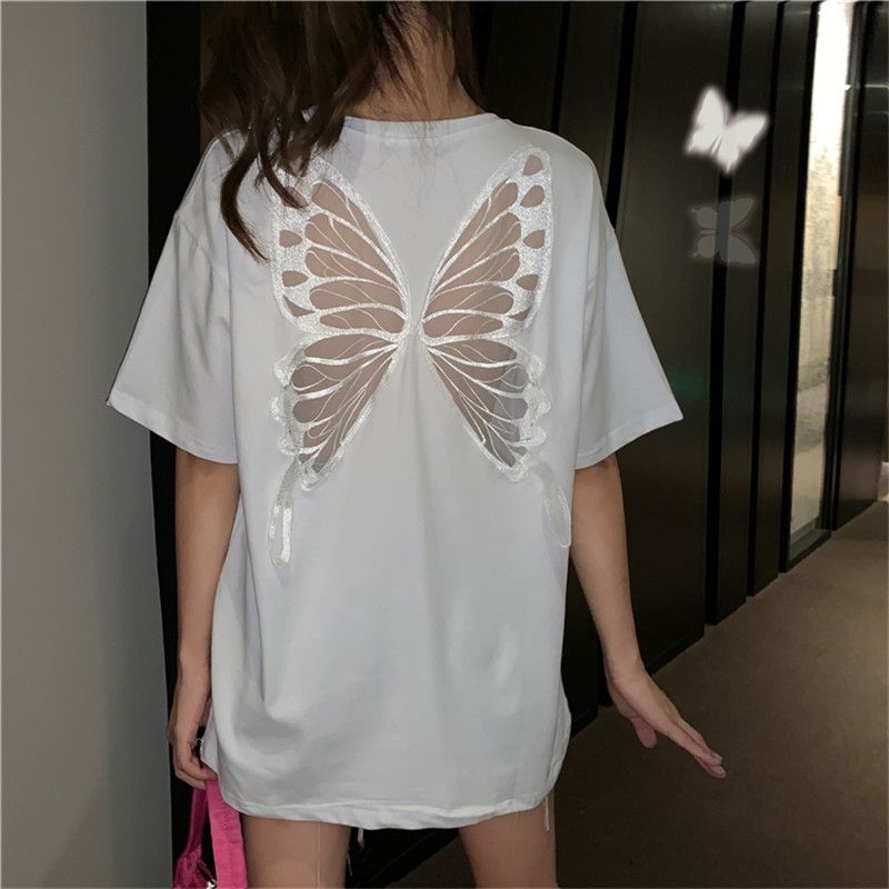 後ろ蝶々プリント透かし彫り無地半袖Tシャツトップス