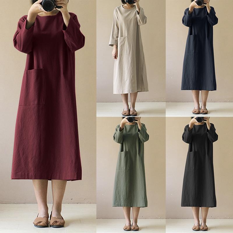 レトロデザイン無地女性ファッションゆったりコットンリネンカジュアルワンピース