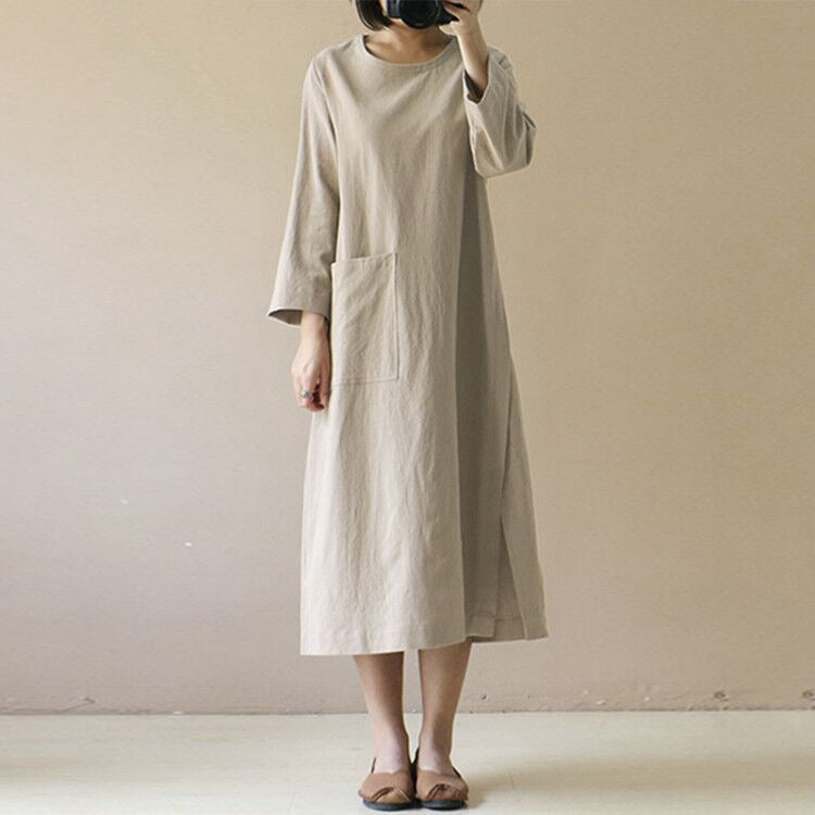 レトロデザイン無地女性ファッションゆったりコットンリネンカジュアルワンピース