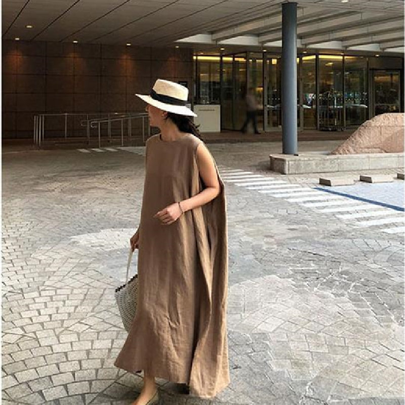 無地ゆったり無袖気質スリットロングカジュアルワンピース