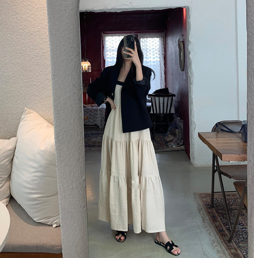 フリル裾サスベンダーワンピース無地カジュアルワンピースボウタイ