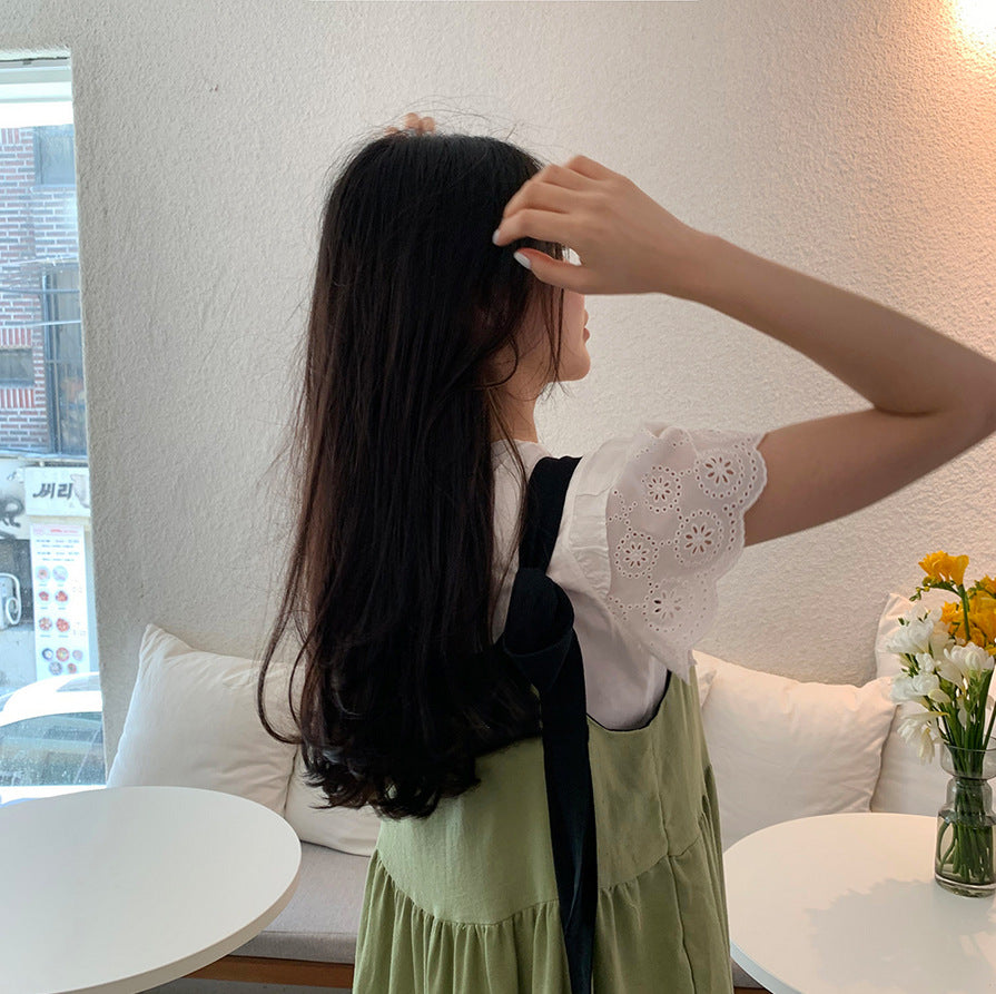 フリル裾サスベンダーワンピース無地カジュアルワンピースボウタイ