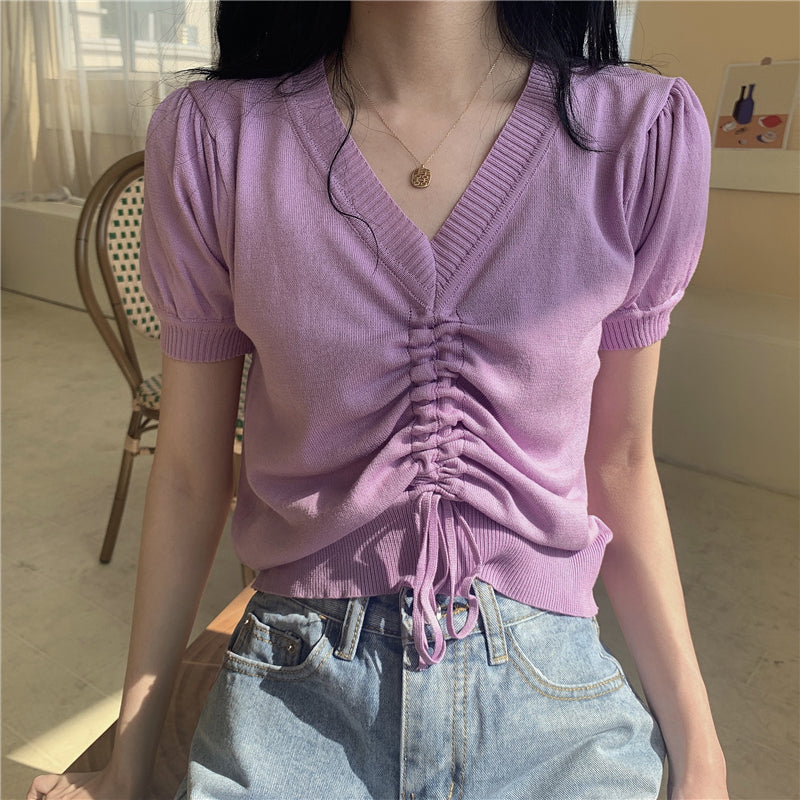 ドレープニット半袖Tシャツシンプルコーデトップス