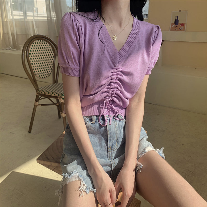 ドレープニット半袖Tシャツシンプルコーデトップス