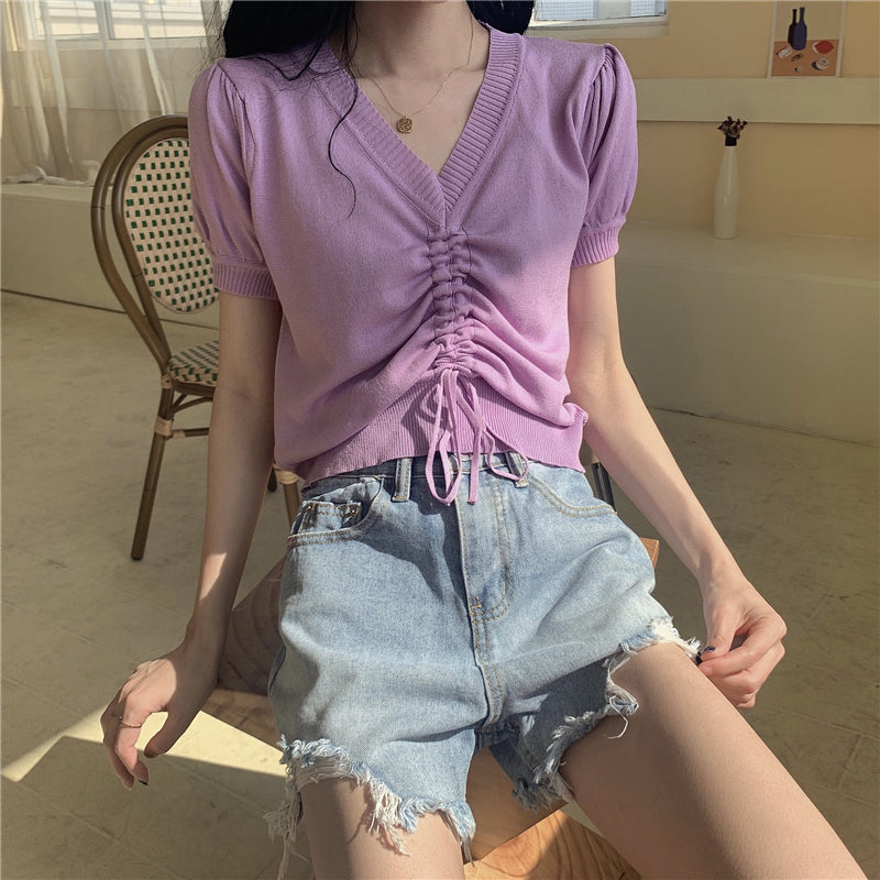 ドレープニット半袖Tシャツシンプルコーデトップス
