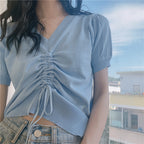 ドレープニット半袖Tシャツシンプルコーデトップス
