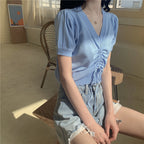 ドレープニット半袖Tシャツシンプルコーデトップス