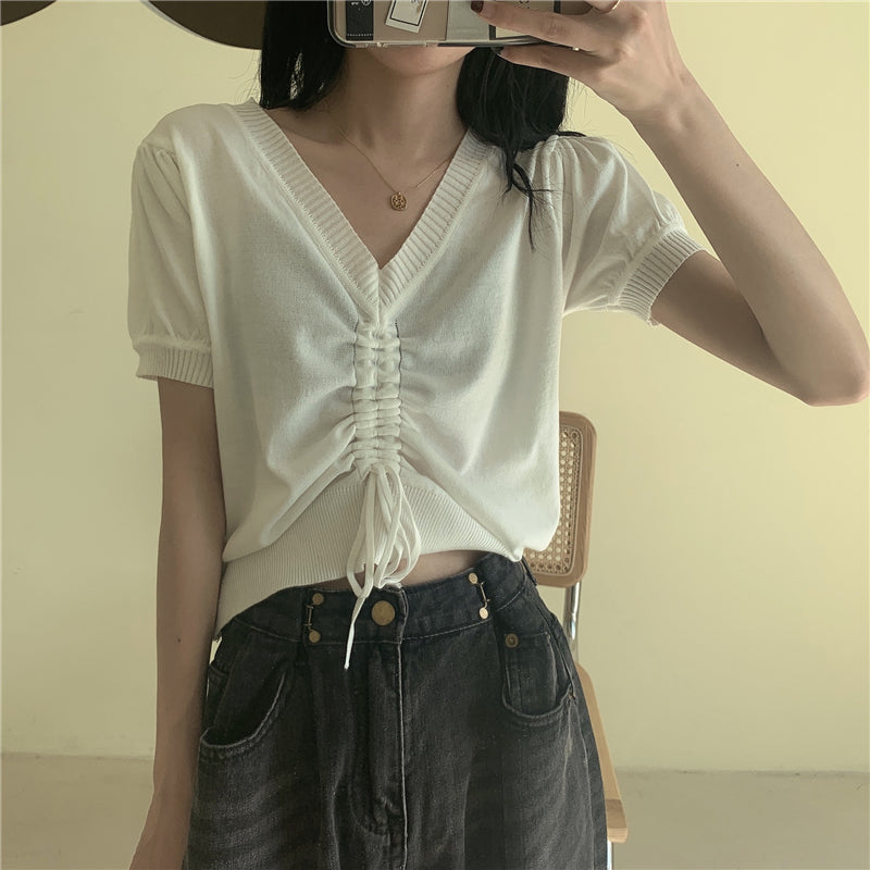 ドレープニット半袖Tシャツシンプルコーデトップス